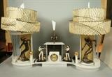 Lot 796:  3pc 50's Modern Acrylic & Porcelain Lamps. Pair lamps: white acrylic & porcelain dancing figures. One matching clock lamp with porcelain figures.: Dimensions:  H: 30 inches --- 
