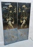 Lot 806:  Pr Decorative Reverse Cut Wall Mirrors. Antiqued Smoked Mirror. Reverse cut bird and vine design. Two panels.: Dimensions:  H: 72 inches: W: 24 inches --- 