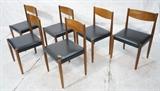 Lot 816:  Set 6 Danish Teak Side Dining Chairs. Black vinyl seats. Wood backs. Tapered legs. : Dimensions:  H: 31 inches: W: 18.5 inches: D: 17.5 inches --- 