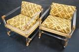 Lot 819:  Pr Decorator Lounge Chairs. Lucite & Bamboo. Lucite column rod with wrapped bamboo frame. Upholstered seats: Dimensions:  H: 28.5 inches: W: 24.5 inches: D: 24.5 inches --- 