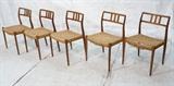Lot 820:  Set 5 Danish Teak Dining Side Chairs. Long Tapered Peg Legs. Woven rush seats. : Dimensions:  H: 30.5 inches: W: 19.5 inches: D: 17.5 inches --- 