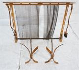 Lot 822:  Set DONALD DESKEY style Copper Fire screen, Two tools  & Andirons.: Dimensions:  H: 31 inches: W: 46 inches: D: 4 inches --- 