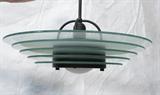 Lot 823:  Modernist Glass Chandelier. Tiered Frosted Green Glass in Memphis style. KICHER.: Dimensions:  H: 33 inches: W: 23 inches: D: 23 inches --- 