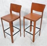 Lot 831:  Pr Italian BELLINI style Leather Bar Stools. Reddish Brown Leather. Not marked: Dimensions:  H: 40 inches: W: 16 inches: D: 16 inches --- 