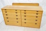 Lot 835:  EDWARD WORMLEY for DREXEL Ten Drawer Low Chest Dresser AND Headboard. Blond Finish. Brass Handles.  Branded: Dimensions:  H: 33 inches: W: 62 inches: D: 19 inches --- 