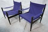 Lot 837:  Pr Danish Campaign Safari Chairs. Dark Wood Frames with purple fabric sling seat & back. N.EILERSEN A/S. Paper label with Danish control sticker.: Dimensions:  H: 30 inches: W: 25 inches: D: 25 inches --- 