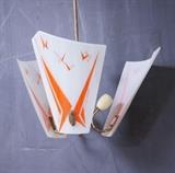 Lot 839:  Three Panel Art Deco Glass Hanging Pendant Light. Frosted Panel with red Designs. : Dimensions:  H: 33 inches: W: 17 inches: D: 17 inches --- 