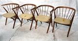Lot 858:  Set 4 HELGA SIEBAST by GEO TANIER Spindle Back Chairs. Teak Barrel Back Captains Chairs. Not marked: Dimensions:  H: 29 inches: W: 21.5 inches: D: 22 inches --- 