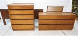 Lot 863:  4pc Modernist DILLINGHAM ESPRIT Bedroom Set. Walnut Low, High Chest drawers, Headboard & Mirror. Label. : Dimensions:  H: 30 inches: W: 60 inches: D: 19 inches --- 