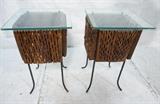 Lot 866:  Pr Studio Glass Top Hairpin Iron  Side Tables. Square Wood bodies with inset carved stone  "arrowheads"? Pretty unique form. Not marked.: Dimensions:  H: 30 inches: W: 18 inches: D: 18 inches --- 