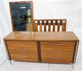 Lot 867:  American Modern LANE Bedroom Set. Low Chest. Single Headboard & Mirror. Low chest with banded drawer fronts. Chrome handles and side accents. : Dimensions:  H: 30 inches: W: 62 inches: D: 18 inches --- 