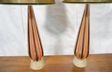 Lot 868:  Pr Tall Murano Art Glass Teardrop Lamps. Orange Clear & Purple Glass with internal gold flecks. Antique finish painted wood base. Glass is 25"H. : Dimensions:  H: 42 inches: W: 18 inches: D: 18 inches --- 
