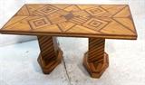Lot 872:  Craftsman Studio Inlaid Mixed Wood Coffee Table. Geometric inlaid design. Pedestal Bases.: Dimensions:  H: 17 inches: W: 33 inches: D: 17 inches --- 