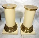 Lot 876:  Pr Springer style Cream Column Form Pedestals. Brass Trim. : Dimensions:  H: 30 inches: W: 17 inches: D: 17 inches --- 