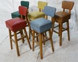 Lot 879:  Set 5 Modernist Van Sciver Bar Stools. American Modern. Molded plywood back supports. Five different color vinyl seats. : Dimensions:  H: 42 inches: W: 14 inches: D: 17 inches --- 