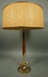 Lot 887:  American Modern LAUREL Brass & Walnut Table Lamp. Bud form. Original harp and diffuser: Dimensions:  H: 28 inches: W: 20 inches: D: 20 inches --- 