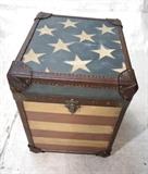 Lot 889:  Decorator Patriotic American flag small trunk. Heavy metal trim and studs: Dimensions:  H: 23 inches: W: 20 inches: D: 20 inches --- 
