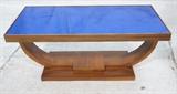 Lot 922:  Art Deco Low Coffee Table. Inset Cobalt Blue Mirror Glass. : Dimensions:  H: 15 inches: W: 34 inches: D: 15.5 inches --- 