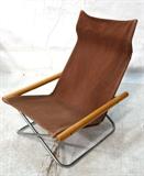 Lot 932:  Uchida Folding Sling Seat Lounge Chair.  Japanese with canvas seat.  Chrome frame wood arms.: Dimensions:  H: 33 inches: W: 24 inches: D: 26 inches --- 