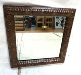 Lot 943:  Decorator Coconut Shell Wall Mirror.  Square with Bowed frame. : Dimensions:  H: 26.25 inches --- 