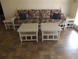 White Wicker Living Room Set. Sofa, 2 End tables and 2 coffee tables.