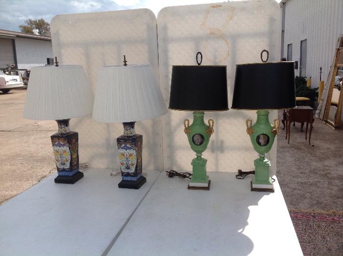 Pair of ornate cobalt blue and gold square tapered lamps: $300
Pair of green empire lamps: $250