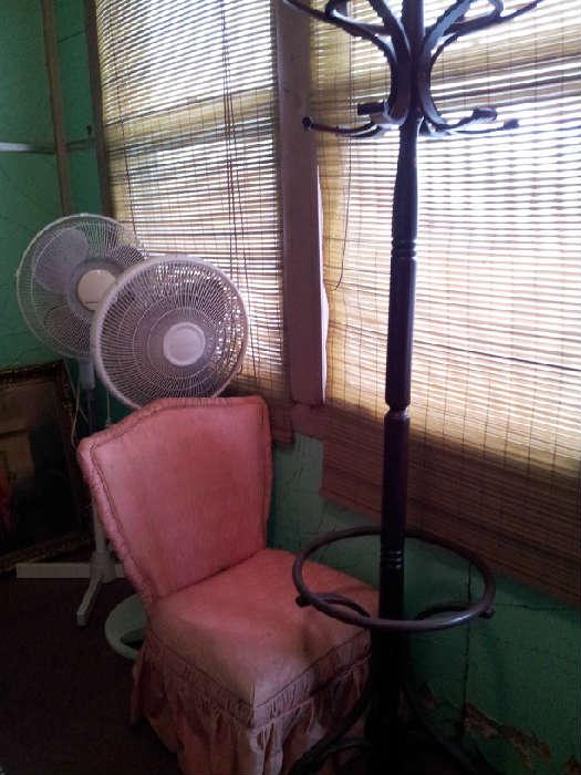 vintage plastic covered bedroom chair, hall tree, fans 