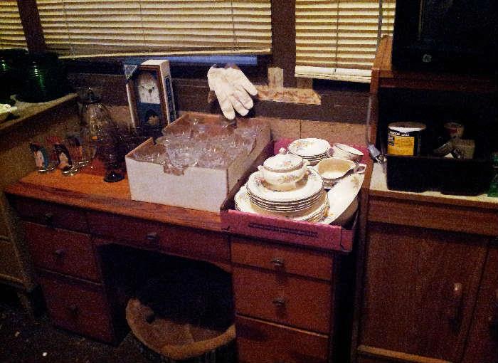 glassware, vintage glasses, desk, microwave and cart
