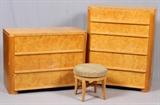 Lot#16, MID CENTURY MODERN SIX PIECE BEDROOM SET, C. 1950.includes a double bed with headboard, 32" H., footboard, 22" H., rails and slats, total width 56" W. x 81" L. one three drawer chest, 34" H. x 44" W. x 20" D. one five drawer chest, 48" H. x 38" W. x 20" D. one dresser with attached mirror, 67" H. x 54" W. x 19" D, one round wall mirror, Dia. 32", and one stool with rotating upholstered seat.