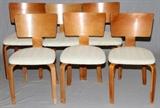 Lot#18, MID-CENTURY MODERN LAMINATED WOOD CHAIRS, SET OF 5, H 30", W 16", D 18"Set of five side chairs, plus one {lacking front leg}. Laminated wood chairs, fitted with cream upholstered seats. Unmarked.
