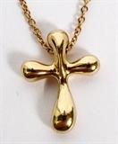 Lot#38, TIFFANY & CO., 18KT GOLD, LADY'S CROSS PENDANT NECKLACE, L 16"18kt yellow gold lady's necklace by Elsa Peretti by Tiffany & Company, featuring a cross form pendant. Chain measures L. 16", with the pendant measuring L. 1/2" x 3/8". Having a total approximate weight of 3.7 grams.