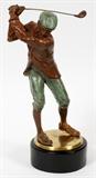 Lot#55, VICTOR VILLARREAL, BRONZE SCULPTURE, H 11.75", "HARRY VARDON"Depicting British golfer Harry Vardon, wearing knickers, posed in his back swing. Signed.  Atop a base H 1.75".