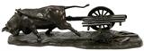 Lot#56, CHINESE BRONZE SCULPTURE, H 8", L 27", D 12", OX AND CART. Impress signed at the center {see 6th photograph}, depicting a oxen pulling a disabled cart, measuring H. 8" x 27" x 12".