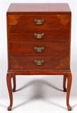 Lot#79, WILSON PECK, ENGLISH MAHOGANY, CHEST ON STAND, H 30", L 18", D 14"Raised on cabriole legs, and fitted with four drop front drawers. Decorated with inlay at each corner, mounted with brass pulls. Measuring H. 30" x 18" x 14 1/4". Wilson Peck, Sheffield and Nottingham.