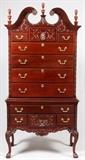 Lot#80, AMERICAN CHIPPENDALE STYLE MAHOGANY HIGH BOY, 20TH C., H 85", W 42", D 21"Fitted with 11 drawers, the highboy is raised on carved cabriole legs with ball and talon feet, and decorated with central shell medallions and a scrolling foliate motif at either end. Measuring H. 85" x 42" x 21", 20th Century. Made in America, Philadelphia.