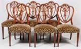 Lot#83, HEPPLEWHITE STYLE MAHOGANY SIDE CHAIRS, C1930, 6 PCS.having a shield form pierced design back rest, leopard velour seats.