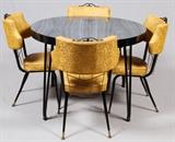 Lot#90, METAL MASTERS DETROIT, DINING SET, MID 20TH C., 5 PCS.Including one dining table, with a faux wood grain finish at the top, measuring H. 30 1/2" x 42 1/2", includes one leaf; together with four side chairs, measuring H. 34 1/2". Mid 20th Century by Metal Masters, Detroit, MI.