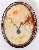 Lot#104, CARVED CAMEO & DIAMOND LADY'S 14KT GOLD BROOCH, L 2 3/8"