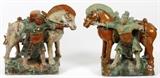 Lot#126, CHINESE GLAZED POTTERY ROOF TILES, TWO, H 16", L 16"Each depicts a male figure holding the reigns of a horse. Glazed in orange and green tones, measuring H. 16" x 16 1/2".