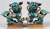 Lot#127, CHINESE GLAZED POTTERY FIGURAL ROOF TILES, PAIR, H 28"A pair of foo dog form pottery roof top tiles, glazed in blue, green, and yellow pigments. Measuring H. 28" x 24" x 13".
