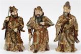 Lot#167, JAPANESE SATSUMA EARTHENWARE FIGURES, THREE, H 8 1/2"-9"Includes three warrior figures, decorated in gold, red, black, and green. Each is signed at the underside {see third photograph}. Measuring H. 8 1/2" to 9".