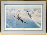 Lot#183, ROBERT TAYLOR AUTOGRAPHED AVIATION COLOR LITHOGRAPH, #1188/1500, C1990, H 18", W 29", "COMBAT OVER LONDON"depicts aerial combat over London between British Spitfires and German Messerschmitt Me-109's. signed by British ace pilots: Air Commodore James Leathart, Wing Commander Harbourne Stephen, Air Vice-Marshall Denys Gillam. German pilots: General Gunther Rall, General Johannes Steinhoff, Colonel Herbert Ihlefeld and artist Robert Taylor. Framed and matted under glass.