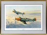 Lot#187, ROBERT TAYLOR, AUTOGRAPHED AVIATION COLOR LITHOGRAPH, #667/1000, C1987, H 17", W 27", "FOURTH FIGHTER PATROL"depicts a Fourth Fighter Group squadron of U.S. P-51 Mustangs heading out for escort duty. Pencil signed by pilots Don Blakeslee, James Clarke, James Goodson, Chesley Peterson and artist Robert Taylor. Framed and matted under glass. With certificate of authenticity.