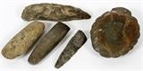 Lot#354, NATIVE AMERICAN, CARVED STONE TOOLS, 5 PCS, L 4"-6"appear to be axe heads, cutting and hide scraping tools.