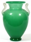 Lot#1005, STEUBEN JADE & ALABASTER GLASS VASE, H 10 1/4", DIA 7 1/2"Neoclassical style urn-form jade glass vase flanked by curved alabaster handles.  Signed Steuben on underside.