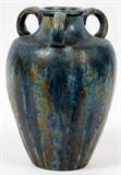 Lot#1075, PIERREFONDS, FRENCH POTTERY VASE, EARLY 20TH C., H 9 1/2"Urn-form vessel with three loop handles about the neck, mottled blue and golden brown glaze; impressed manufacturer's mark underneath with number 602 (see additional photo).