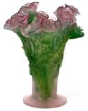 Lot#1086, DAUM PATE DE VERRE 'ROSES' VASE, H 8 1/2"Shaded pink to green; signed.  Measures H.8 1/2", Dia.7 1/2".