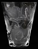 Lot#1089, LALIQUE 'ISPAHAN ROSE' CLEAR & FROSTED GLASS VASE, H 9", DIA 7 1/2"Round with tapering sides molded with a motif of roses; signed "Lalique France" underneath (see additional photo).  Measures H.9 1/4" x 7 1/2".