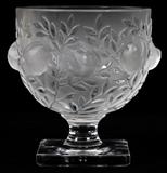 Lot#1099, LALIQUE 'ELISABETH' FROSTED GLASS COMPOTE, H 5 1/2", DIA 4 3/4"Molded birds among leafy branches, raised on a square foot; signed "Lalique France", also paper label.