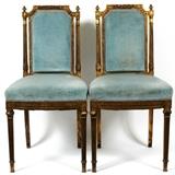 Lot#1121, FRENCH LOUIS XVI STYLE GILT WOOD SIDE CHAIRS, PAIR, H 36"A pair of side chairs, with light blue velvet upholstered seats and backs, fitted in a carved gilt wood frame. Measuring H. 36".